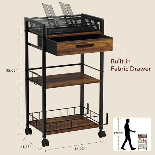 3 Tier Rolling Cart - Metal Utility Cart with Storage Drawer and Wheels, Versatile Art & Craft Organizer for Home, Office, or Studio Ideal for Storing Brushes, Paints, and Supplies Brown