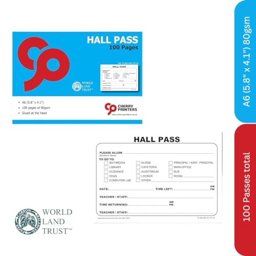 School Hall Pass Book - 100 Pre-Printed Student Bathroom & Classroom Passes, A6 Size