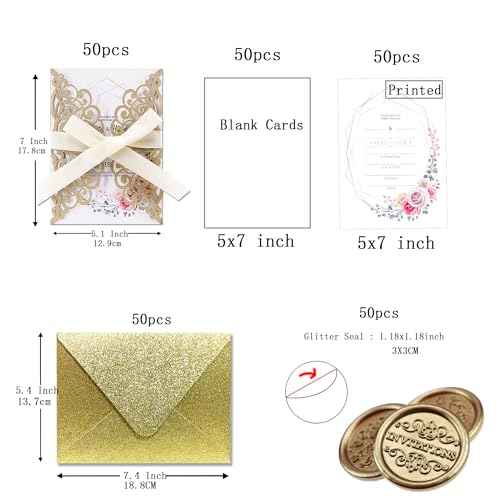 50Pcs Laser Cut Wedding Invitation With Glitter Envelopes And Ribbons Blank Personalized Card Invitaciones Para quincea?era Birthday Baby Shower Christmas Party Bridal Shower (Gold)