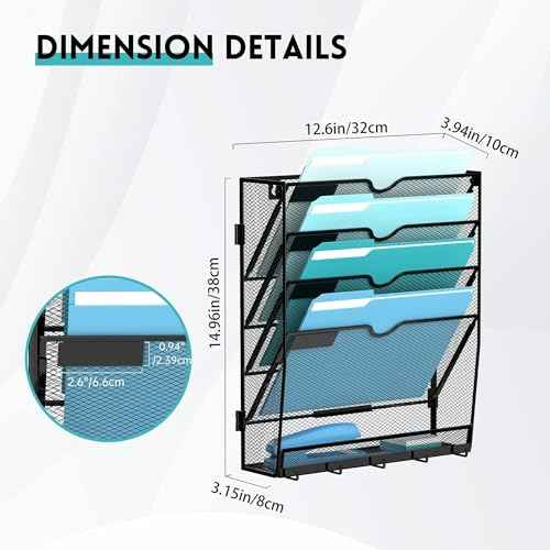 5 Tier Wall File Organizer - Hanging File Organizer with 5 Hooks, Mail Holder Wall Mounted for Papers, Folders, Magazines, Bills, Office&School Organization, Black