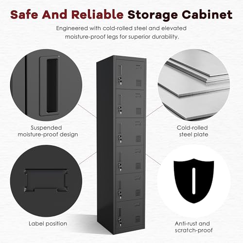 Bonusall 72" High 6-Door Metal Locker with Keys, Black - Employee/Gym/School Storage