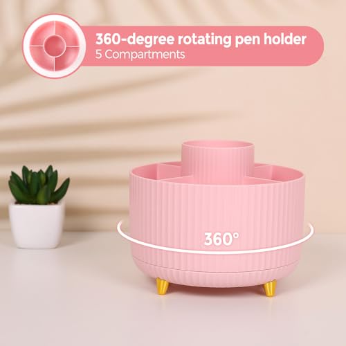 Pink Desk Accessories Set with Rotating Pen Holder & Office Supplies - 11 Pieces