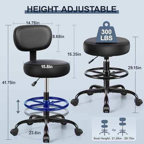 Drafting Chair with Backrest ? Adjustable Foot Rest Rolling Stool with Wheels, PU Leather Swivel Stool for Office Spa Studio Lab Counter Salon Home Work Bar Kitchen Shop(Black)