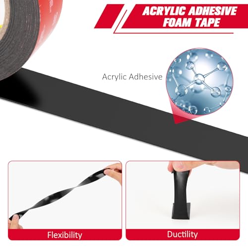 3M 5925 Heavy Duty Double Sided Tape 0.5" x 15.4 ft - Black Mounting Tape (Bulina 1 pack, 0.5"x15.4ft)