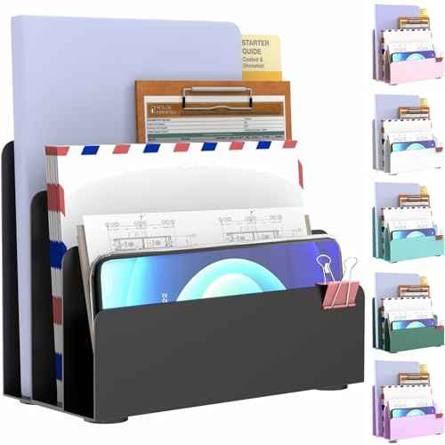 Mail Organizer Countertop, Small Desk File Organizer, Metal File Holder - Essential Workspace Organizers for Office Desk, Home Office (Black)