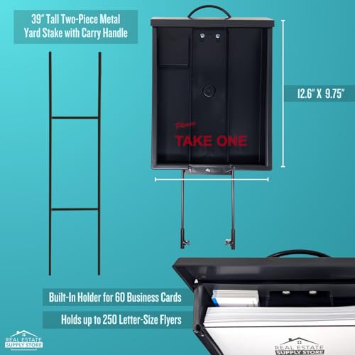 Mediz Black Outdoor Brochure Box with Two-Piece Metal Yard Stand Holds 250 Flyers & 60 Business Cards