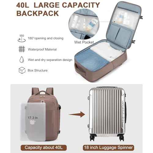 RDTGO Travel Backpack For Women, 40L Carry-On Backpack, Airline Approved Personal Item Bag, Waterproof Laptop Backpack with Large Duffel, Casual Daypack for Buisness Gym Weekend Hiking (Brown)