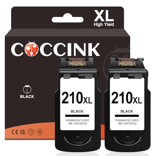 COCCINK 210 XL for Canon 210XL Black Ink Cartridge Canon Pixma MP230 MP240 MP250 MP280 MP480 MP490 MP495 MX320 MX330 MX340 IP2702 for PG-210 Remanufactured Printer Ink Combo Pack (2 Black)