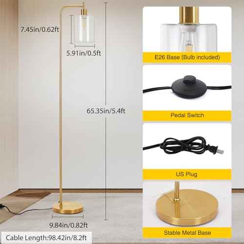Litake Industrial Floor Lamp- Gold, Dimmable Modern Standing Lamp with Clear Glass Shade, Gold Tall Lamp with Remote & Foot Control, LED Bright Corner Lamp with 6W Bulb for Living Room Bedroom Office