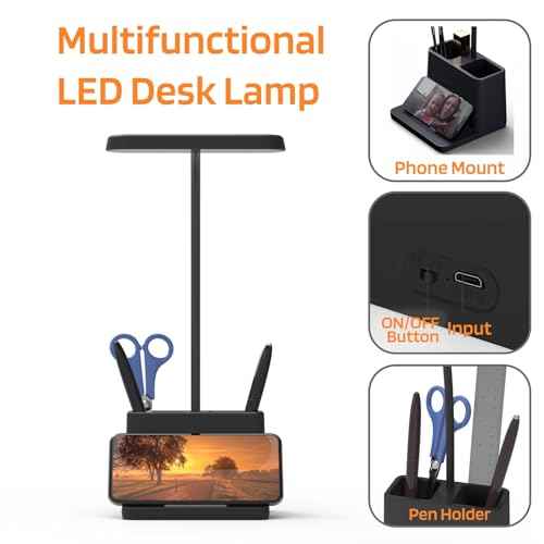 AXX Black LED Desk Lamp for Home Office Bedroom, Battery Operated Table Light for Computer Desktop, Small, Cute, Dimmable, Rechargeable, Flexible Gooseneck, Pen Holder, Phone Mount, Touch Control