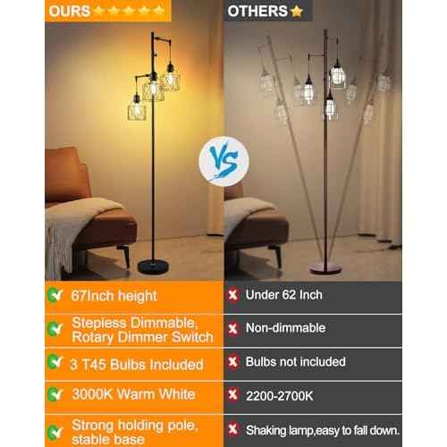 Lightdot 67IN 3-Light Floor Lamp for Living Room, Dimmable Tree Floor Lamp with Black Elegant Cages, Industrial Standing Tall Lamps with E26 LED Bulbs Included, Farmhouse Rustic lamp for Bedroom-Black