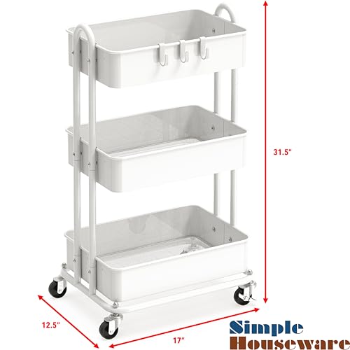 Simple Houseware 3-Tier Heavy Duty Metal Utility Rolling Cart, White