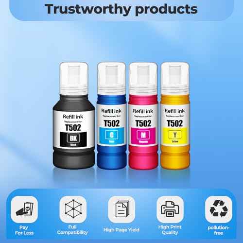502 Ink Refill Bottles ET-2850 ET-3850 ET-15000 ET-4850 4 Pack 502 Ink Compatible with ET 2850 ET 3850 ET 15000 ET2850 ET3850 ET-2980 ET-3843 ET-3950 ET-4950 ET-4760 ET-2760 ET-3830 Printer Ink T502