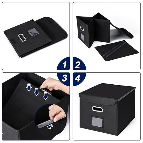 CADONO File Organizer Box with Lid, Large Hanging File Folder Organizer with Plastic Slide, Collapsible Portable Filing Storage Boxes for Office/Decor/Home (Black, 14.9 x 12.59 x 10.8 inch)