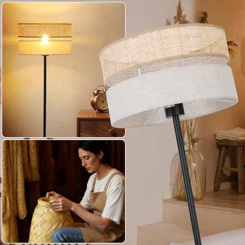 Floor Lamp with Bamboo and Linen Fabric Lampshade, Adjustable Color Temperature Floor Lamp with 6W Bulb, Boho Standing Lamp for Livingroom, Bedroom, Office