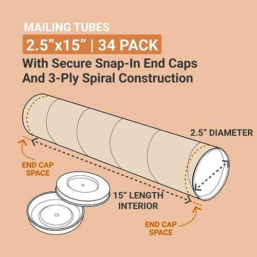 AVIDITI Cardboard Tubes with Caps, 15"L x 2.5"W x 2.5"H, Pack of 34 | Poster Tube for Mailing and Storage of Blueprints, Artwork, Crafts, Long Art Holder, 15 inches