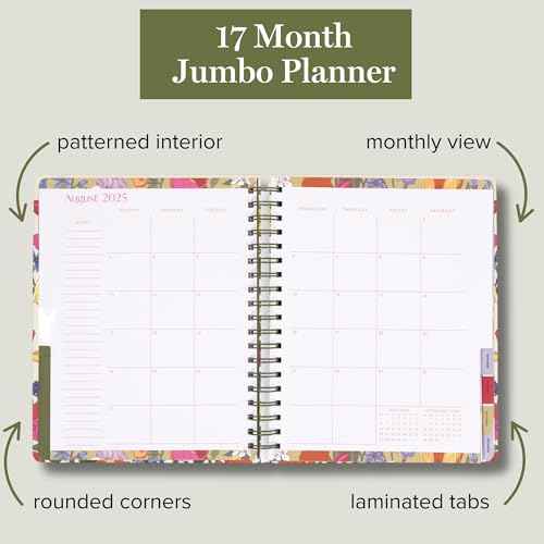 2025-2026 Jumbo Planner Daily Weekly & Monthly, 17 Month Hardcover Agenda Dated Aug 2025-Dec 2026, Cute Planner with Stickers, Pockets, & Spiral Binding, Meadow Bouquet Seedpearl