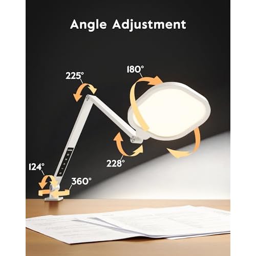 Led Desk Lamp with Clamp, 1200LM Dimmable Home Office Desktop Light, 3000k-6500k Adjustable Swing Arm Ring Light for Video Conference, Study, Reading, Zoom Calls, Streaming (White)