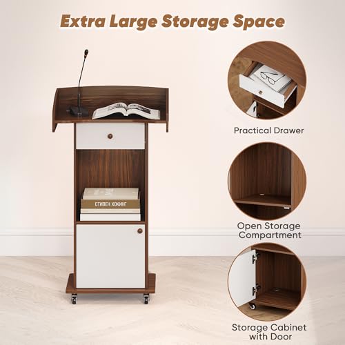 Suuiwau Portable Rolling Podium with Drawer, Cabinet & 4 Locking Wheels – Brown/White