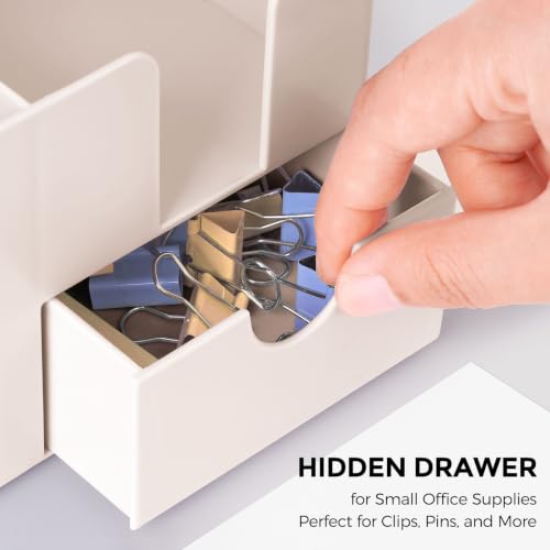 SKYDUE Beige Small Desk Organizer with Sticky Notes Holder, Pen Cup