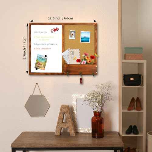 Dry Erase White Board and Cork Board, Magnetic Whiteboard & Bulletin Board Combo, 17.7"¡¿23.6"£¬Wall-Mounted Mail Sorter & Key Hooks, Solid Pine Wood Walnut Brown Frame(Mail BB-BN-4560)