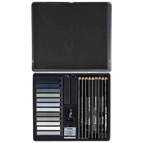 LYRA - Metal Box Grey Shades 9 Assorted Pencils Charcoal Sepia Blood 12 Assorted Painting Crayons and Accessories