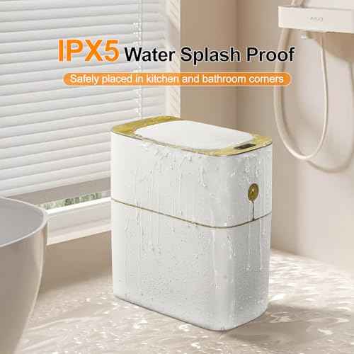 MOPALL Automatic Bathroom Trash Can with Lid, 3.1 Gallon / 13L Smart Motion Sensor Touchless Small Waste Basket, Slim Plastic Garbage Can for Bedroom Kitchen Office Home Toilet, White & Gold