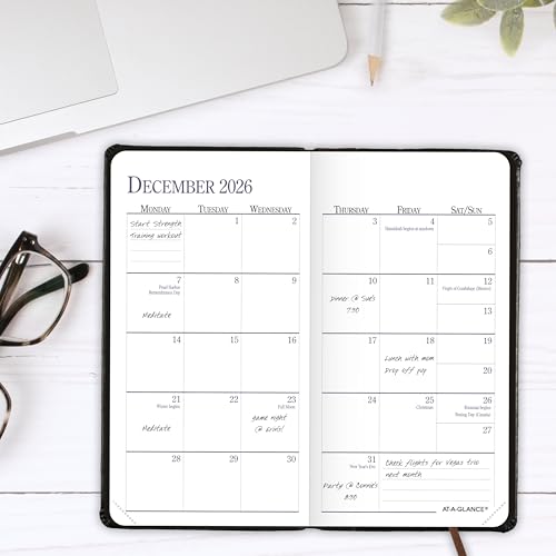 AT-A-GLANCE 2026 Diary, Fine Diary, Weekly & Monthly, 3" x 6", Pocket Size, Hardcover, Black Brown (74020526)