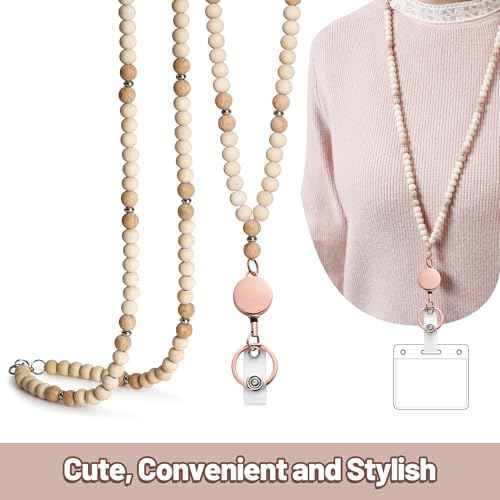 POPLOPP Lanyards for Id Badges for Women, Cute Teacher Lanyard with ID Holder and Retractable Badge Reel for Keys, Wooden Beaded Keychain Lanyard