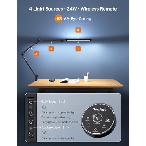 LED Desk Lamp with 4 Light Sources, 24W Super Bright with Remote Control, Ajustable Ambient Lighting, 4 Color Modes & 4 Brightness, Swing Arm, Architect Desk Lamp with Clamp for Home Office