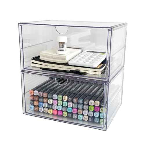 Clear Desk Organizers and Accessories, 2 Pack Plastic Drawer Organizer for Office Supplies, Marker Pen, Art Crafts, Stationery, Coffee Pods, Stackable Home Storage (2 Drawers)