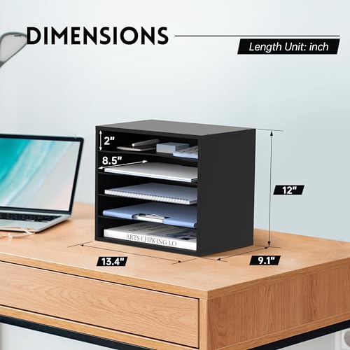SUPEASY 5-Tier Black Wood Desk Organizer – 13.4 x 9.1 x 12 Inches, Multi-Compartment Paper & Mail Sorter