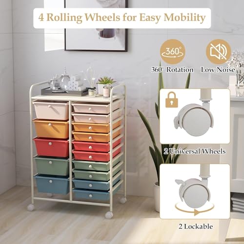 LDAILY Macaron 15-Drawer Rolling Storage Cart with Lockable Wheels for Home & Office