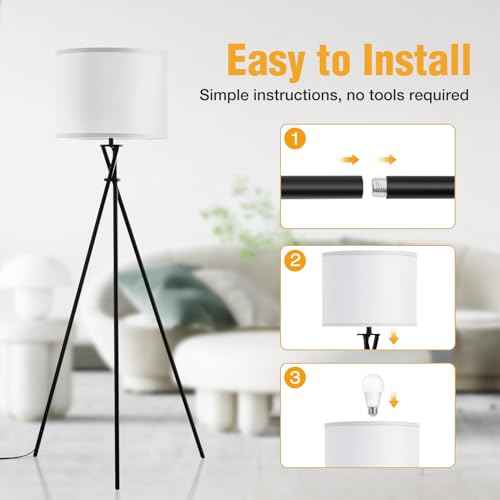 Floor Lamp for Living Room, 61'' Modern Tripod Floor Lamps with White Shade & Rotary Switch, Black Floor lamp for Bedroom, Office, Simple Design Lamp