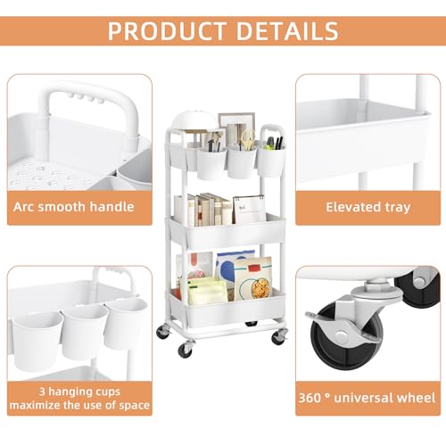 3-Tier White Plastic Rolling Storage Cart with Lockable Wheels & Hanging Cups – 3-Tier Utility Cart