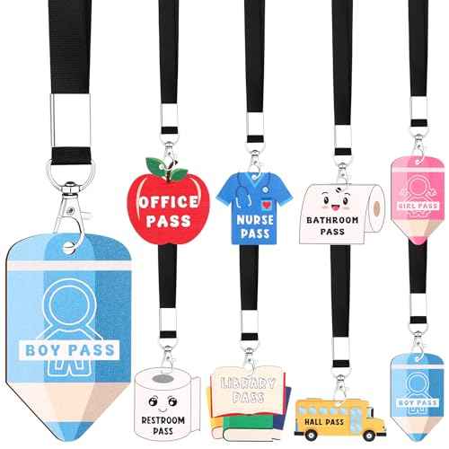 8 Sets Hall Pass Lanyards and School Passes Set Hall Pass Lanyards for Classrooms First Day of School Wooden Bathroom Restroom Library Office Nurse Passes Teacher Organization Supplies Gift