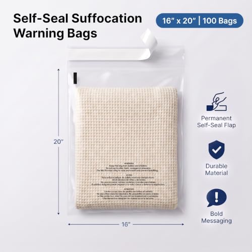 16" X 20" (100 Count) Self-Seal Clear Poly Bags With Suffocation