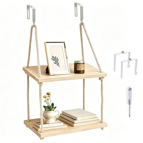 Natural Wood 2-Tier Cubicle Shelf with Hooks - Office Organizer & Wall Mount