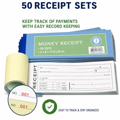 PitLite Money & Rent Receipt Book 2-Part Carbonless, 50 Sets for Landlords & Small Biz