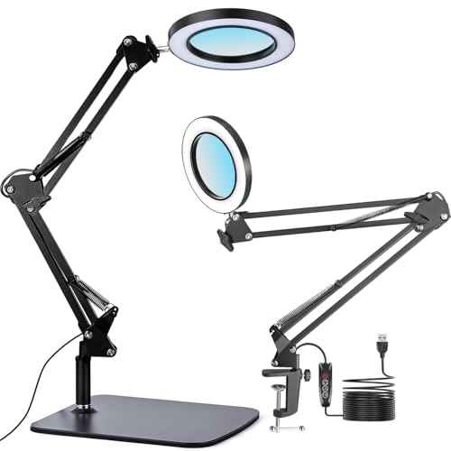15X Real Glass Lens Magnifying Glass with Light ? 3 Color Modes & Adjustable Brightness, Hands-Free Magnifier with Metal Base & Clamp for Crafts, Repair, Reading, Sewing, Painting & Close Work