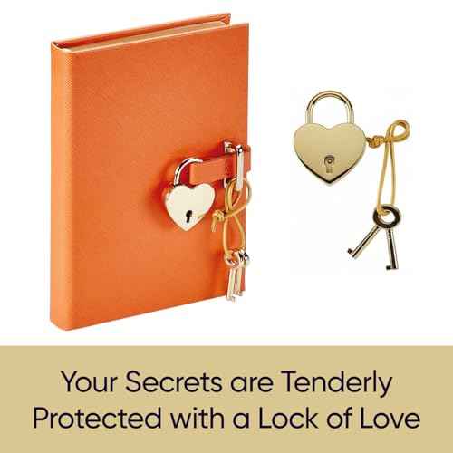 Graphic Image Heart Lock Diary ? Orange Saffiano Leather | Handbound in the USA | Secure Lock & Key | 240 Lined Pages | Elegant Leather Journal with Satin Ribbon Marker | Personalizable Gift Edition