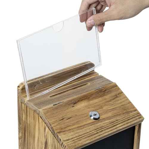 MyGift Rustic Burnt Wood Wall Mountable Fundraising Donation Suggestion Box / Comment Ballot Box with Lock and Key, Clear Acrylic Sign Holder and Chalkboard Surface