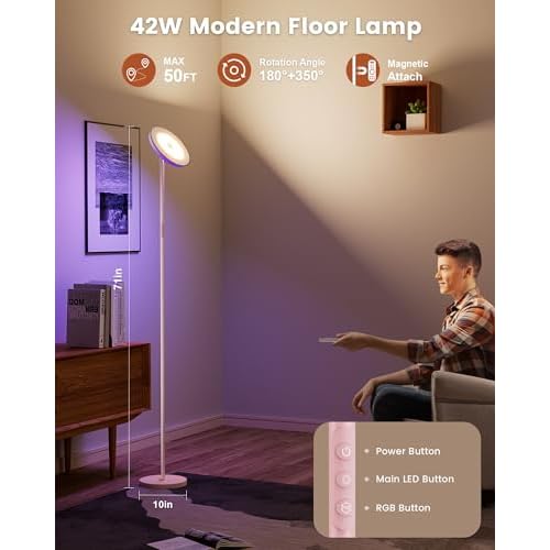 42W Pink Floor Lamp, 3700LM Super Bright Standing Lamp with RGB Side Light, Timer/Memory Function, 2700K-6500K Dimmable LED Lighting for Living Room, Tall Light with Remote & Touch Control