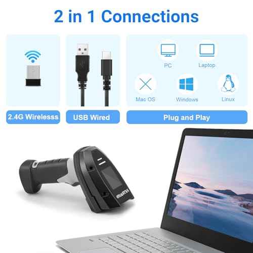 Barcode Scanner Wireless, 1D Laser Bar Code Scanners with Stand 2.4G Wireless & USB Wired Connection Plug and Play 2 in 1 Handheld Barcode Reader with Screen