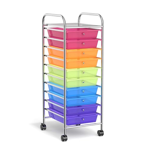 HOMGX Storage Cart with 10 Drawers, 10 Tiers Multicolor Rolling Drawer Cart, File & Debris Storage Mobile Cart, Slim Rolling Storage Cart for Office/School/Home (Multicolored & Clear)