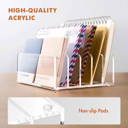 BEYGORM Acrylic Mail Holder, Clear Multifunction Desk Organizer with Divider, Vertical Letter Sorter for Desktop, 5 Compartments Modern Office Home Envelope Organizer for Bill, Document, Notebook