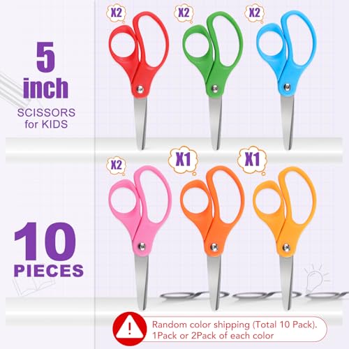 BURVAGY 10 Pack Kids Safety Scissors - Small Blunt Tip Children’s Craft & School Scissors