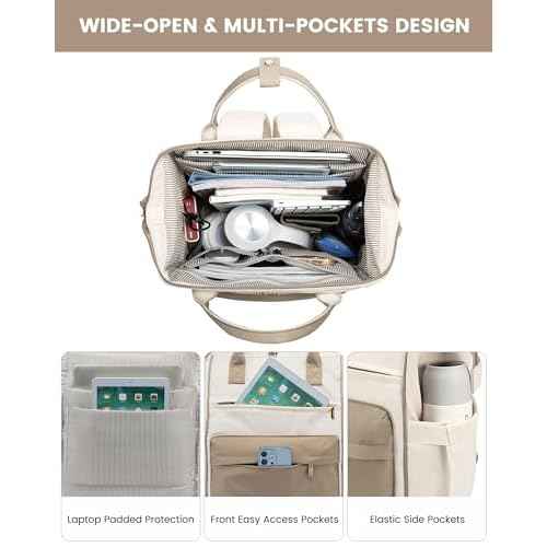 LOVEVOOK Laptop Backpack for Women, 17 Inch Work Teacher Nurse Bag, Large Capacity Business Computer Backpack Purse with USB Port, Stylish Casual Daypack for Travel,Beige&Khaki
