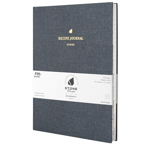 Stone Recipe Journal ? 25 x 19 cm Waterproof Paper, 192 Lined Pages with A?Z Index, Conversions & Seasonal Produce, Durable Cotton Cloth Hardcover, Eco-Friendly Kitchen Notebook