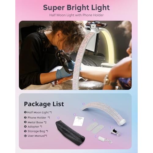 UBeesize Foldable 29" Half Moon Light with Phone Holder, LED Nail Desk Lamp for Manicure/Salon/Tattoo, Dimmable Arch & Crystal Diamond